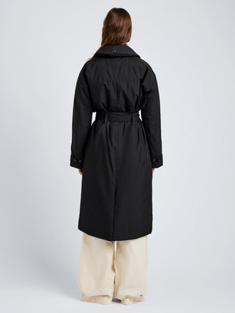 Proenza Schouler Back full length image of model wearing Saphira Coat in Paracute Cotton in Black