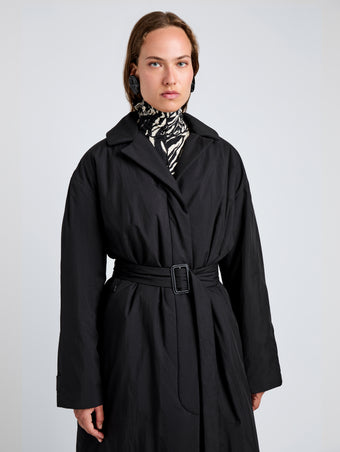 Proenza Schouler Detail image of model wearing Saphira Coat in Paracute Cotton in Black