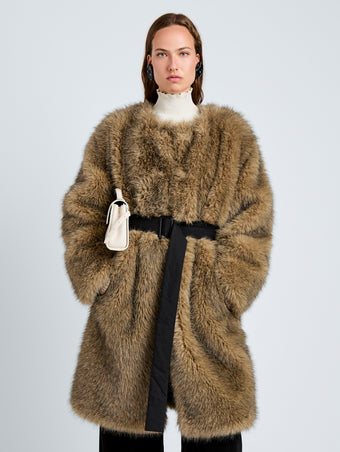 Proenza Schouler Front cropped image of model wearing Khai Coat in Faux Fur in Natural