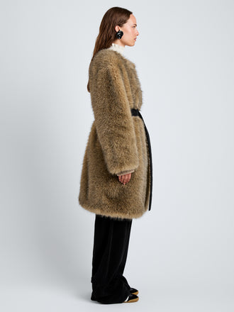 Proenza Schouler Side full length image of model wearing Khai Coat in Faux Fur in Natural