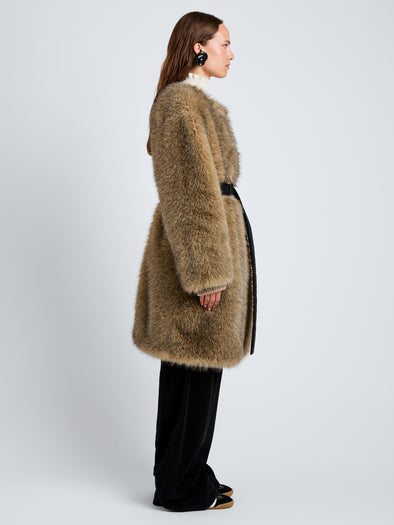 Proenza Schouler Side full length image of model wearing Khai Coat in Faux Fur in Natural
