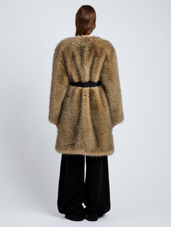 Proenza Schouler Back full length image of model wearing Khai Coat in Faux Fur in Natural