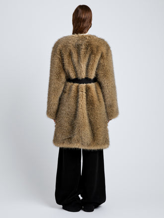 Proenza Schouler Back full length image of model wearing Khai Coat in Faux Fur in Natural