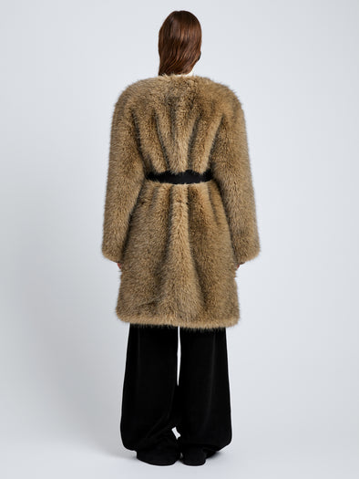 Proenza Schouler Back full length image of model wearing Khai Coat in Faux Fur in Natural