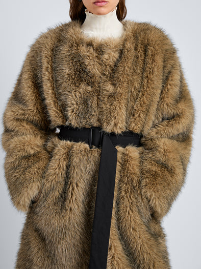 Proenza Schouler Detail image of model wearing Khai Coat in Faux Fur in Natural
