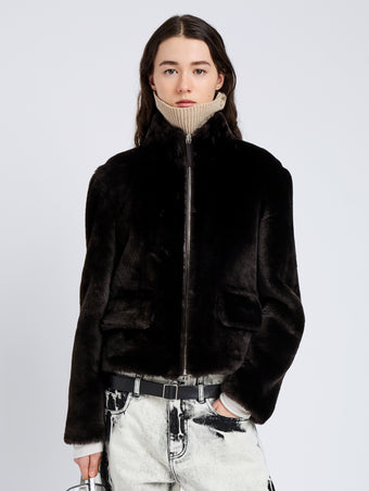Proenza Schouler Front cropped image of model wearing Scarlett Jacket in Shearling in Cacao