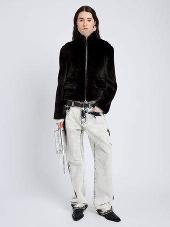 Proenza Schouler Front full length image of model wearing Scarlett Jacket in Shearling in Cacao