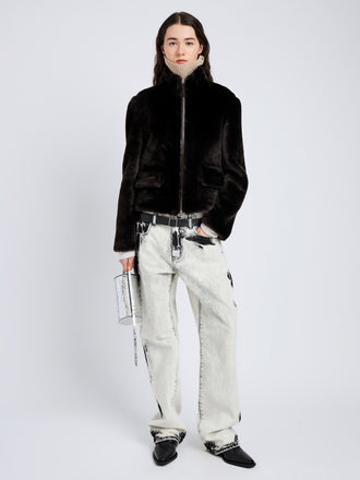 Proenza Schouler Front full length image of model wearing Scarlett Jacket in Shearling in Cacao