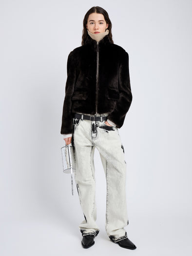 Proenza Schouler Front full length image of model wearing Scarlett Jacket in Shearling in Cacao