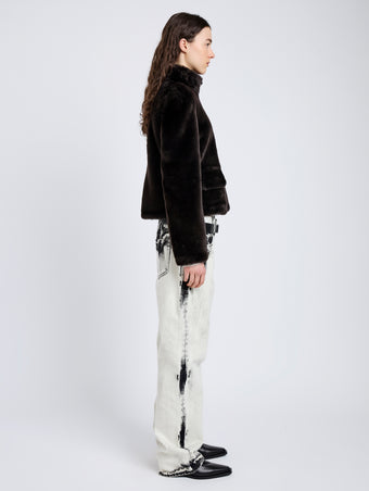 Proenza Schouler Side full length image of model wearing Scarlett Jacket in Shearling in Cacao