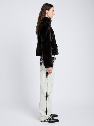 Proenza Schouler Side full length image of model wearing Scarlett Jacket in Shearling in Cacao