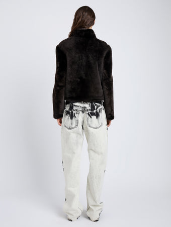 Proenza Schouler Back full length image of model wearing Scarlett Jacket in Shearling in Cacao