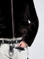 Proenza Schouler Detail image of model wearing Scarlett Jacket in Shearling in Cacao