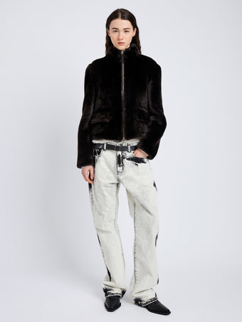 Proenza Schouler Front full length image of model wearing Scarlett Jacket in Shearling in Cacao