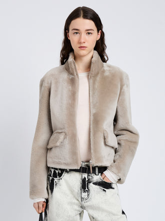 Proenza Schouler Front cropped image of model wearing Scarlett Jacket in Shearling in Sand
