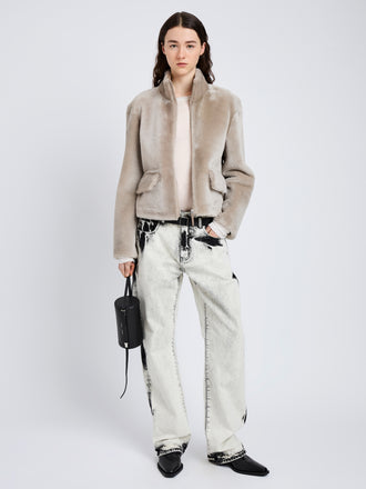 Proenza Schouler Front full length image of model wearing Scarlett Jacket in Shearling in Sand