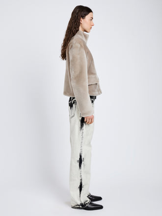 Proenza Schouler Side full length image of model wearing Scarlett Jacket in Shearling in Sand