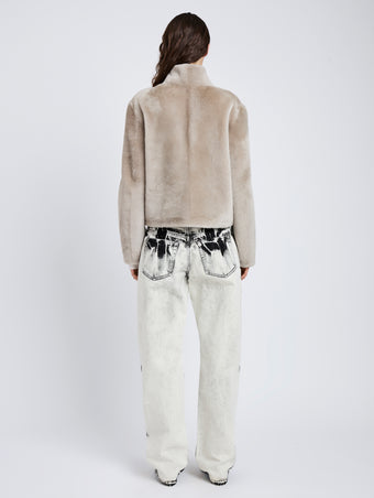 Proenza Schouler Back full length image of model wearing Scarlett Jacket in Shearling in Sand