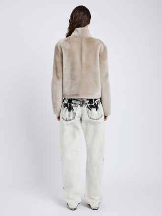 Proenza Schouler Back full length image of model wearing Scarlett Jacket in Shearling in Sand