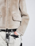 Proenza Schouler Detail image of model wearing Scarlett Jacket in Shearling in Sand