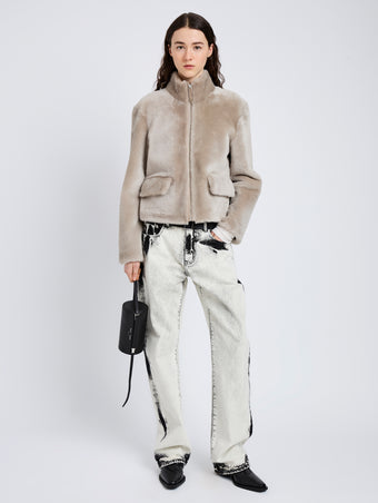 Proenza Schouler Front full length image of model wearing Scarlett Jacket in Shearling in Sand