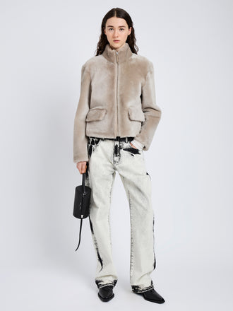 Proenza Schouler Front full length image of model wearing Scarlett Jacket in Shearling in Sand