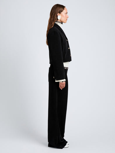 Proenza Schouler Side full length image of model wearing Nima Jacket in Corduroy in Black
