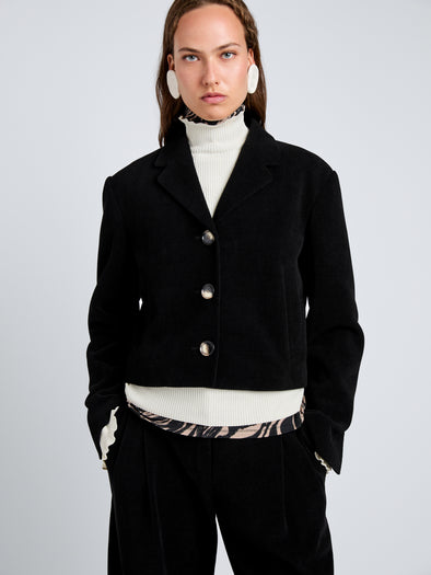 Proenza Schouler Detail image of model wearing Nima Jacket in Corduroy in Black