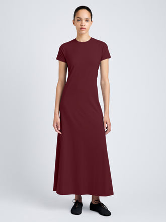 Proenza Schouler Front full length image of model wearing Noelle Dress in Eco Jersey in Wine