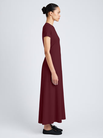 Proenza Schouler Side full length image of model wearing Noelle Dress in Eco Jersey in Wine