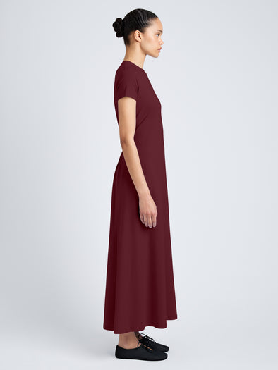 Proenza Schouler Side full length image of model wearing Noelle Dress in Eco Jersey in Wine