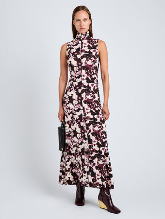 Proenza Schouler Front full length image of model wearing Valentina Dress in Printed Soft Jersey in WineOrchid
