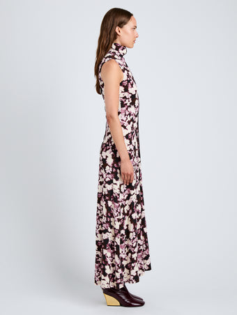 Proenza Schouler Side full length image of model wearing Valentina Dress in Printed Soft Jersey in WineOrchid