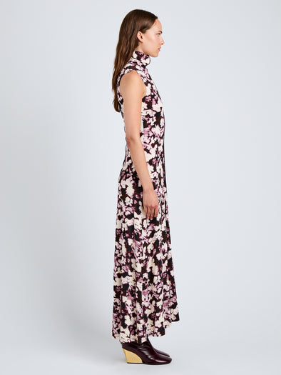 Proenza Schouler Side full length image of model wearing Valentina Dress in Printed Soft Jersey in WineOrchid