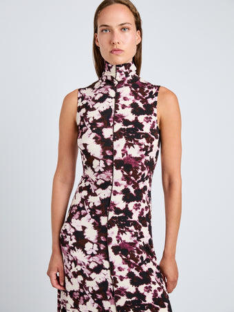 Proenza Schouler Detail image of model wearing Valentina Dress in Printed Soft Jersey in WineOrchid