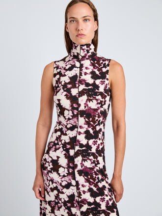 Proenza Schouler Detail image of model wearing Valentina Dress in Printed Soft Jersey in WineOrchid