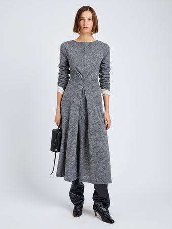 Proenza Schouler Front full length image of model wearing Sai Dress in Wool Jersey in Grey Melange