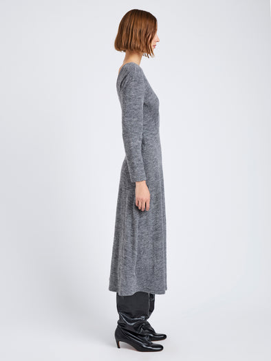 Proenza Schouler Side full length image of model wearing Sai Dress in Wool Jersey in Grey Melange
