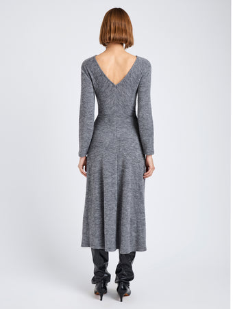Proenza Schouler Back full length image of model wearing Sai Dress in Wool Jersey in Grey Melange