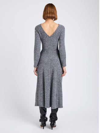 Proenza Schouler Back full length image of model wearing Sai Dress in Wool Jersey in Grey Melange