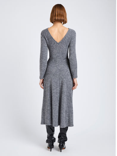 Proenza Schouler Back full length image of model wearing Sai Dress in Wool Jersey in Grey Melange