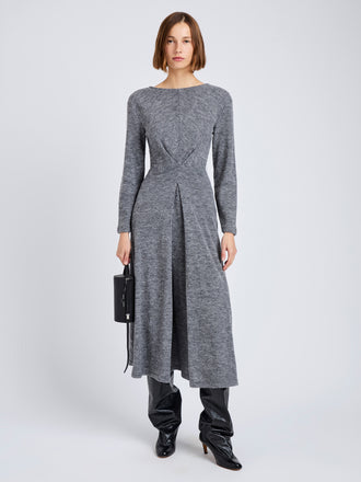 Proenza Schouler Front full length image of model wearing Sai Dress in Wool Jersey in Grey Melange