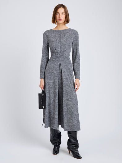 Proenza Schouler Front full length image of model wearing Sai Dress in Wool Jersey in Grey Melange