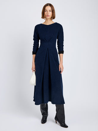 Proenza Schouler Front full length image of model wearing Sai Dress in Wool Jersey in Ink Melange