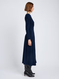 Proenza Schouler Side full length image of model wearing Sai Dress in Wool Jersey in Ink Melange