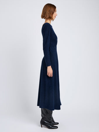 Proenza Schouler Side full length image of model wearing Sai Dress in Wool Jersey in Ink Melange