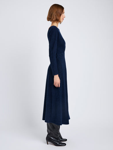 Proenza Schouler Side full length image of model wearing Sai Dress in Wool Jersey in Ink Melange