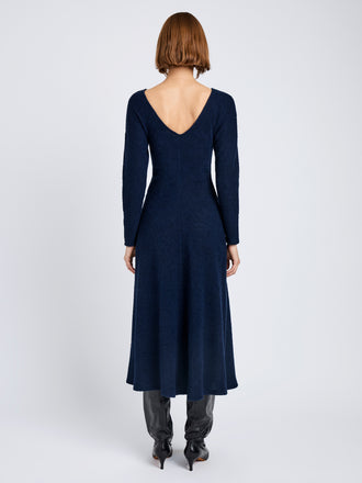 Proenza Schouler Back full length image of model wearing Sai Dress in Wool Jersey in Ink Melange