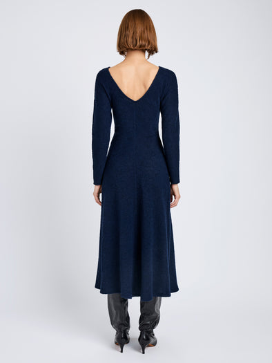 Proenza Schouler Back full length image of model wearing Sai Dress in Wool Jersey in Ink Melange