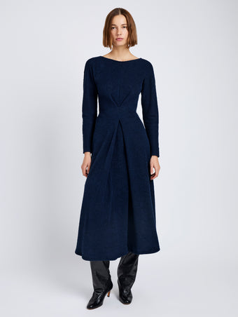 Proenza Schouler Front full length image of model wearing Sai Dress in Wool Jersey in Ink Melange